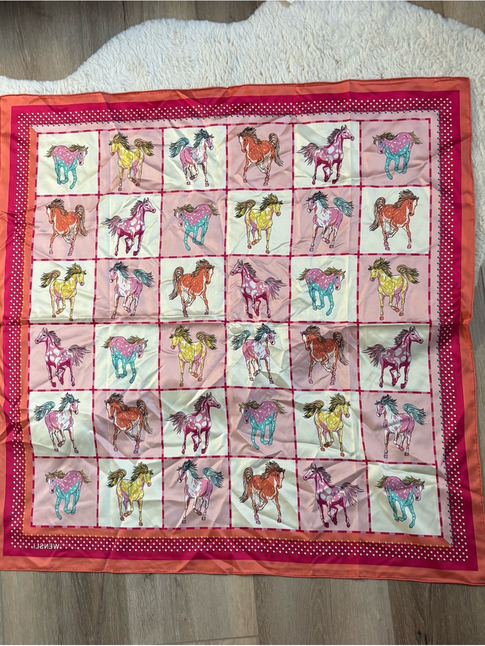 WENSLI 100% Silk Scarf 88x88cm Colorful Horse Equestrian Print New With Tags